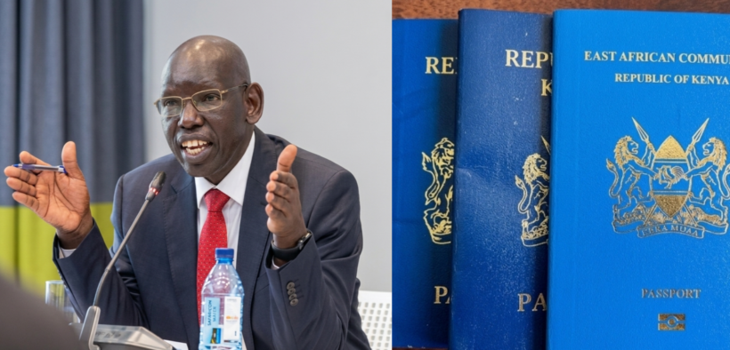 A photo collage of PS Belio Kipsang of State Department for Immigration and Citizen services at previous event and Kenyan passport. PHOTO/ Kipsang X/ Immigration Services Kenya X