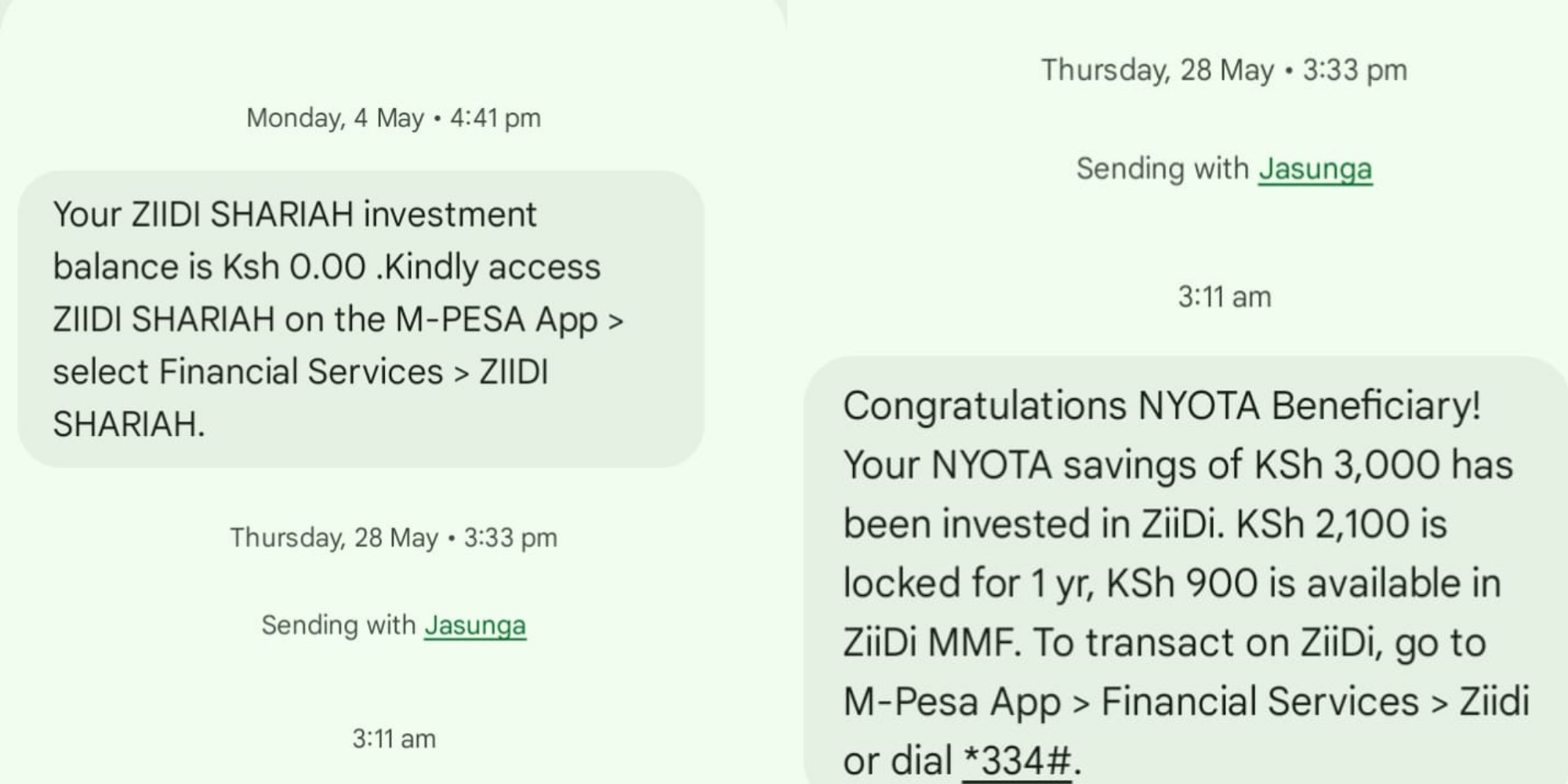 A message sent to NYOTA beneficiaries confirms that their savings have been automatically invested in Ziidi MMF, locking a portion of the funds for one year. PHOTO/ FILE