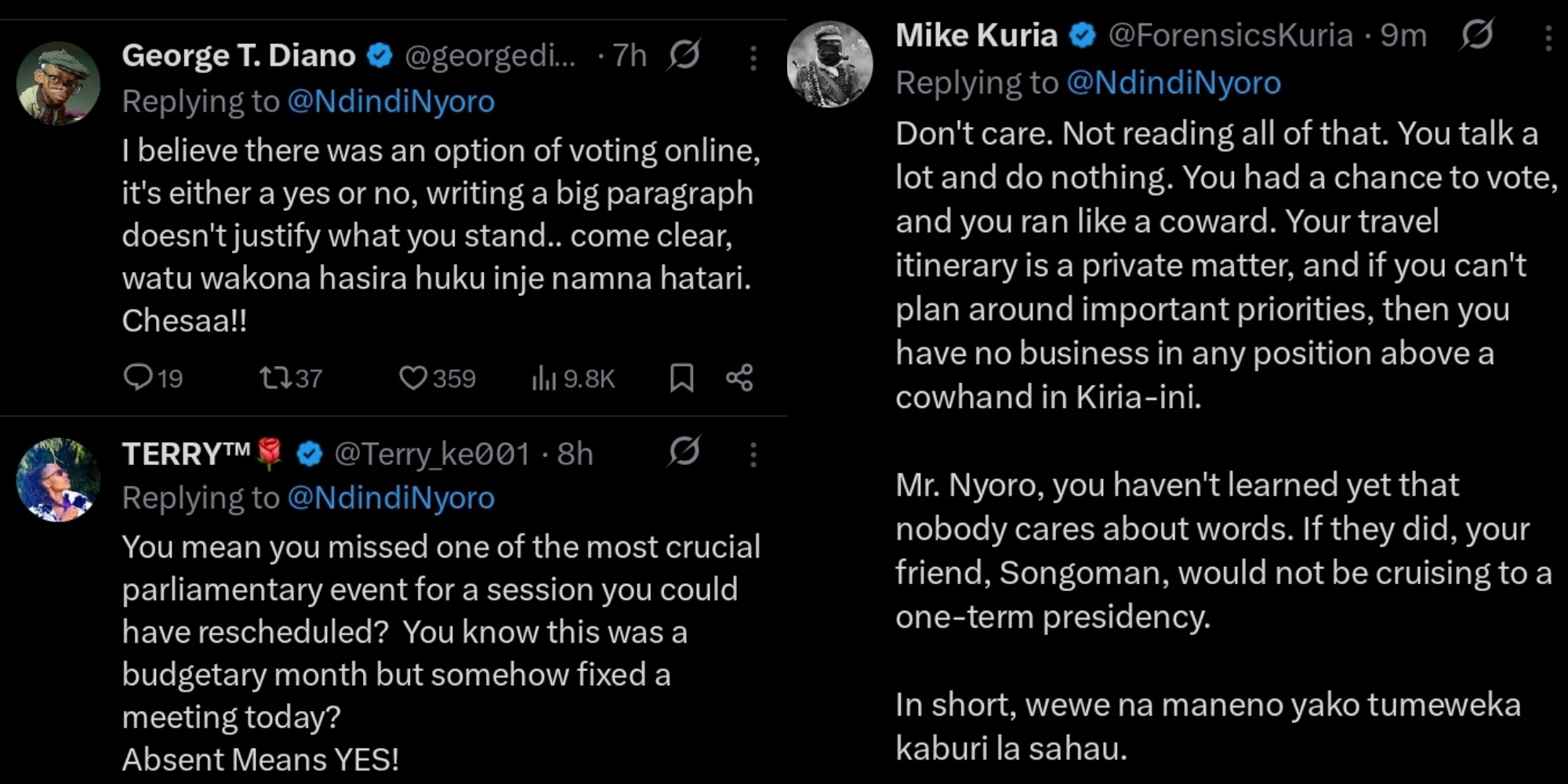 Reactions from Kenyans erupt online after Ndindi Nyoro misses the Finance Bill 2026 vote and defends his absence with a lengthy statement. PHOTO/ X Screengrab