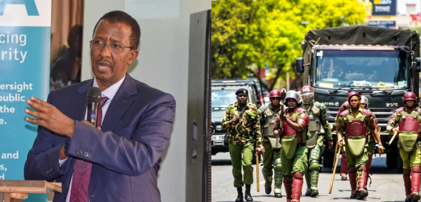 IPOA Chairperson Mr. Ahmed Issack Hassan and Kenyan GSU police match towards protestors in Nairobi CBD on August 4, 2024. PHOTO/ Citizen Digital/ IPOA