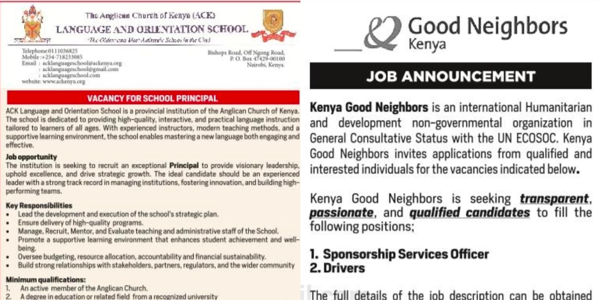 ACK Language & Orientation School and Kenya Good Neighbors have released job vacancies, encouraging interested applicants to join them in different areas of education and humanitarian development. PHOTO/ File 