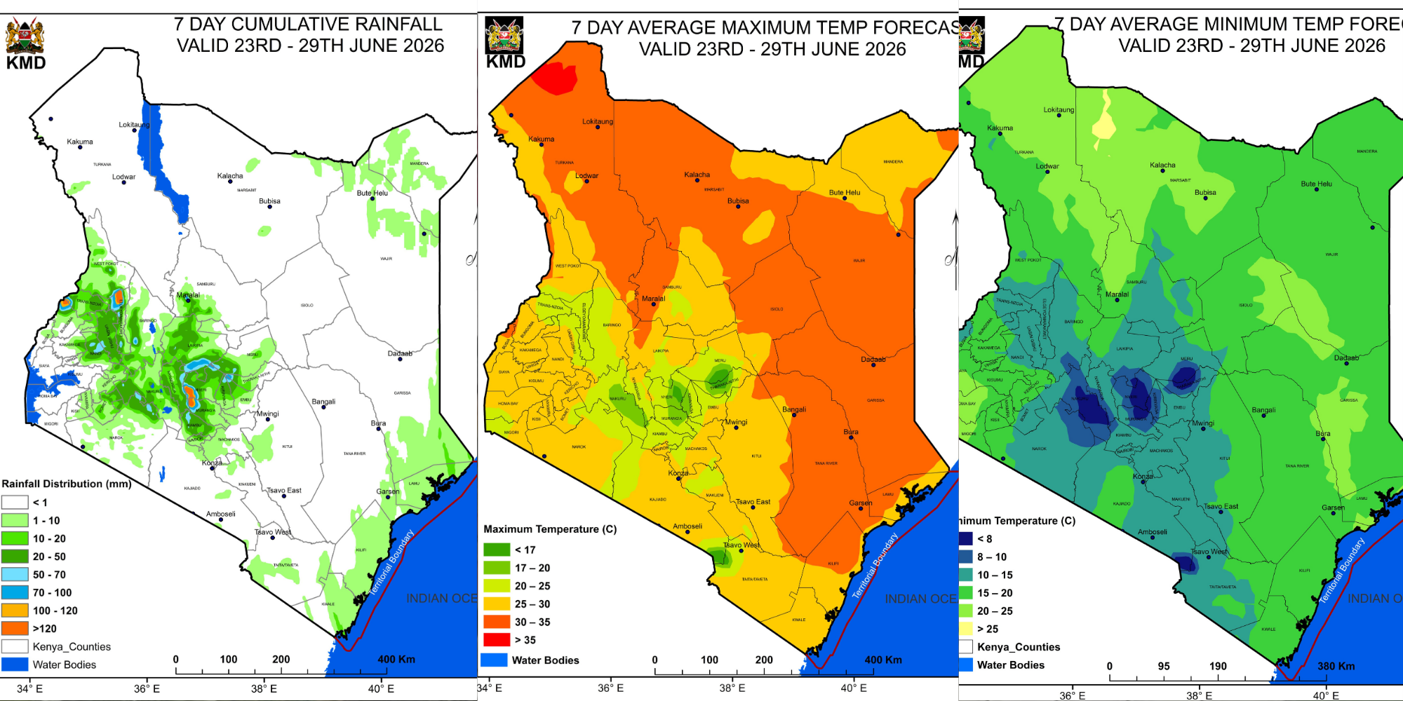 KMD weather forecasts changing weather for June 23–29, 2026, pointing to heavy downpours in highland areas and hot days above 35°C in Turkana. PHOTO/ KMD X