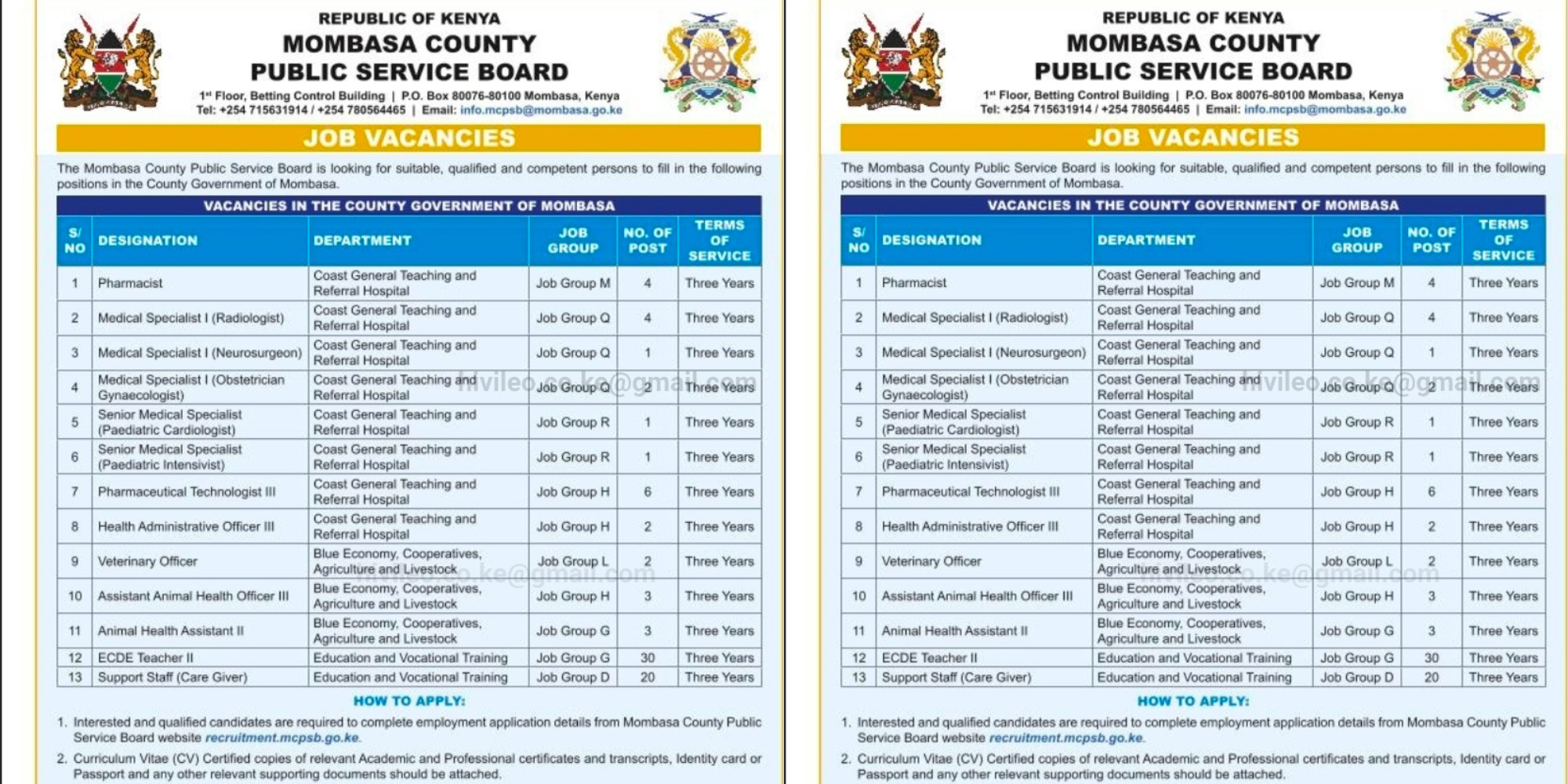 Mombasa county government public service board announces various vacancies across several departments. PHOTO/ File