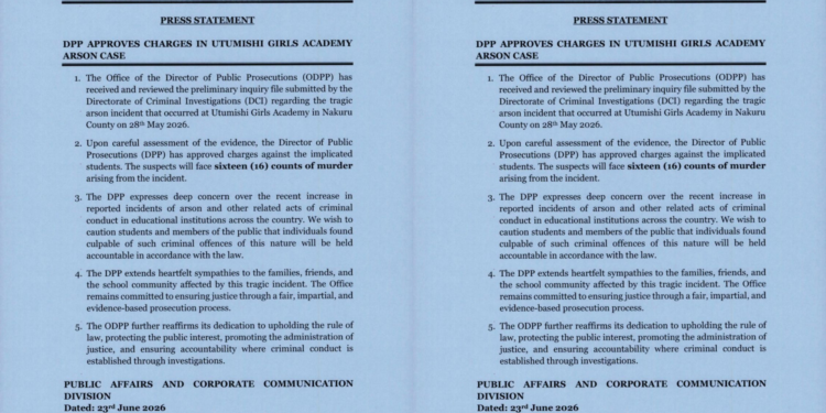 DPP Approves Murder Charges Against Nine Suspects Over Utumishi Girls Academy Fire