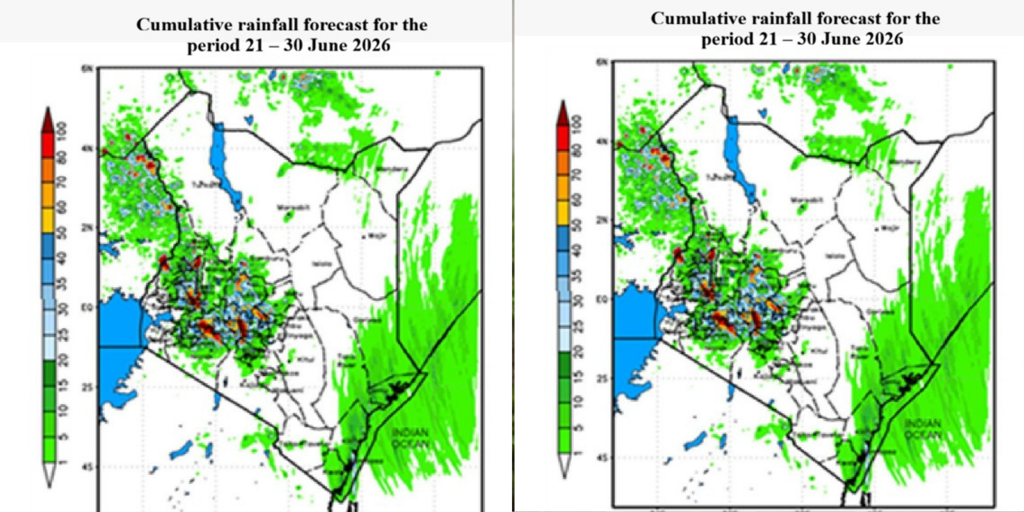 Kenya Met releases cumulative rainfall forecast for June 21–30, 2026, showing expected rainfall distribution across coastal, highland, and dry regions in the country. PHOTO/ Kenya Met