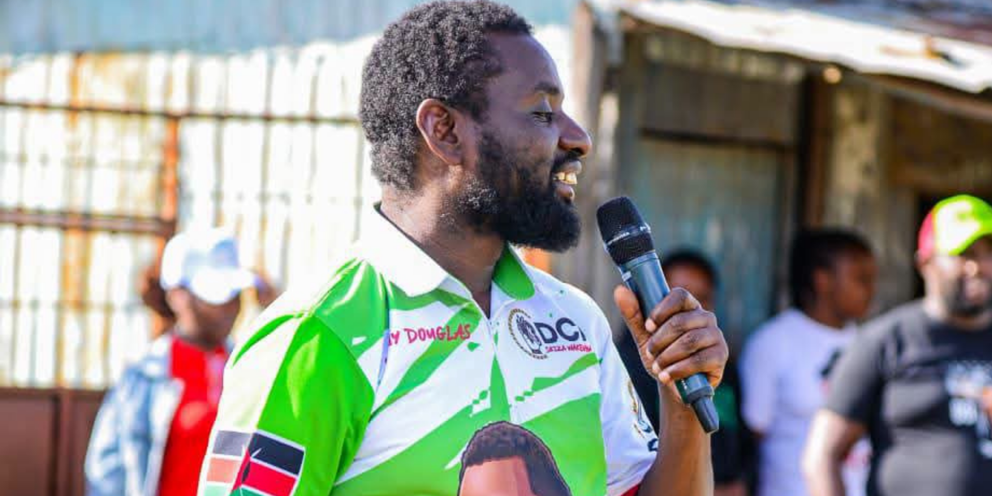Ol Kalou parliamentary aspirant Sammy Douglas Kamau Waweru, popularly known as Ngotho, Speaking during a past rally at Gichungo. PHOTO/ Sammy Douglas FB