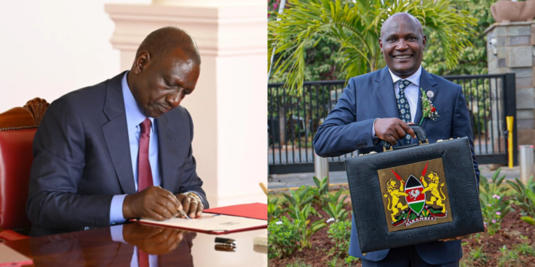 A photo collage of President William Ruto assenting the finance bill 2026 into law at StateHouse and treasury CS John Mbadi during 2026/27 budget reading at Bunge towers. PHOTO/ File