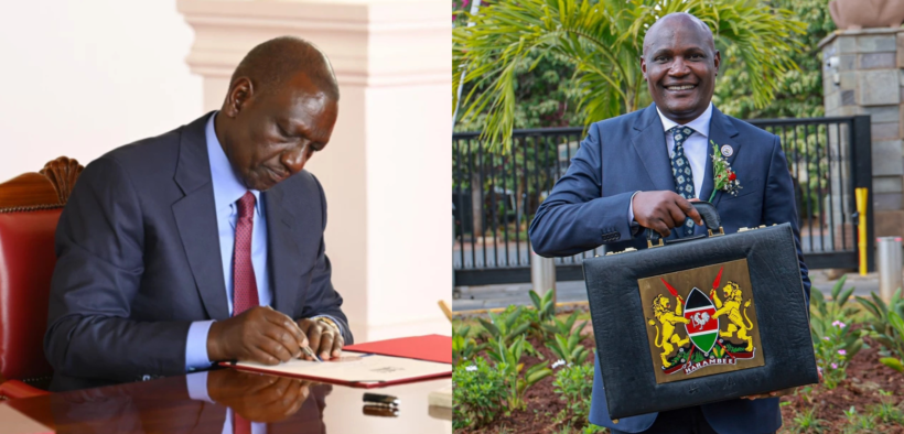 A photo collage of President William Ruto assenting the finance bill 2026 into law at StateHouse and treasury CS John Mbadi during 2026/27 budget reading at Bunge towers. PHOTO/ File