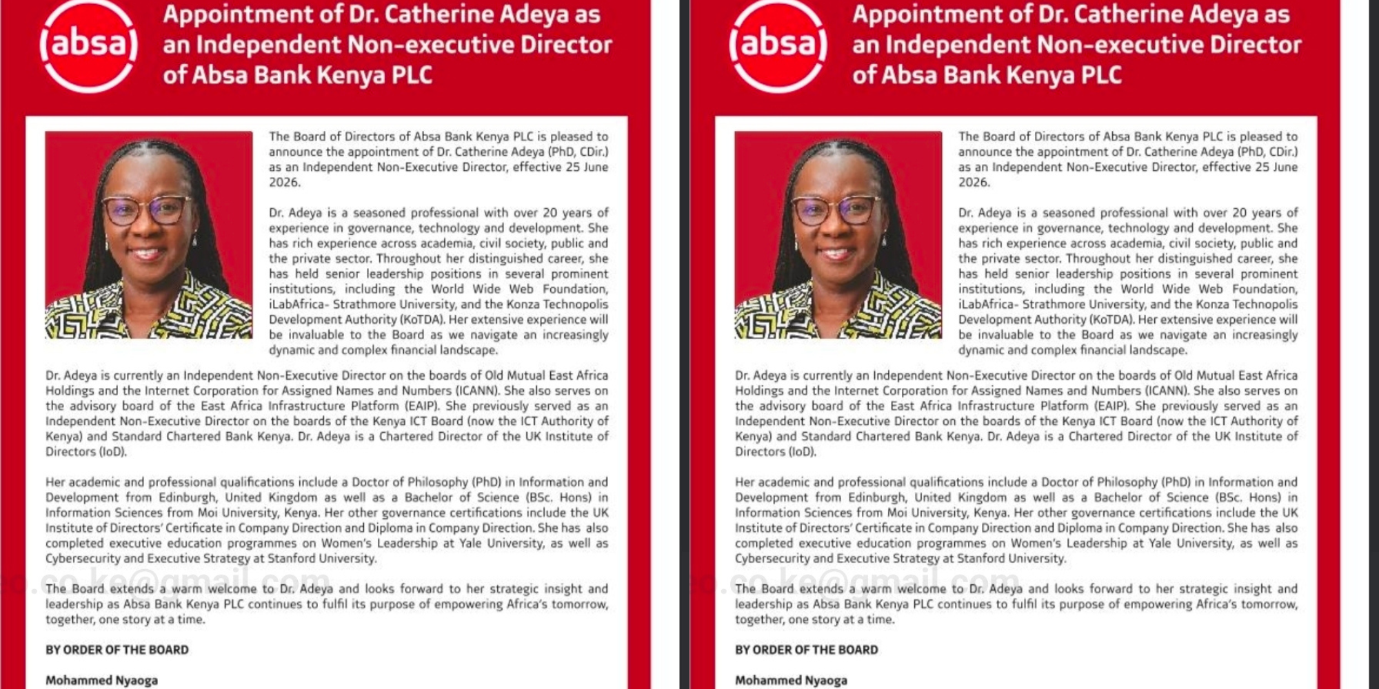 A press release by Absa Bank Kenya PLC on the appointment of Dr. Catherine Adeya as an independent non-executive director, with the new board role taking effect on June 25, 2026. PHOTO/ Absa