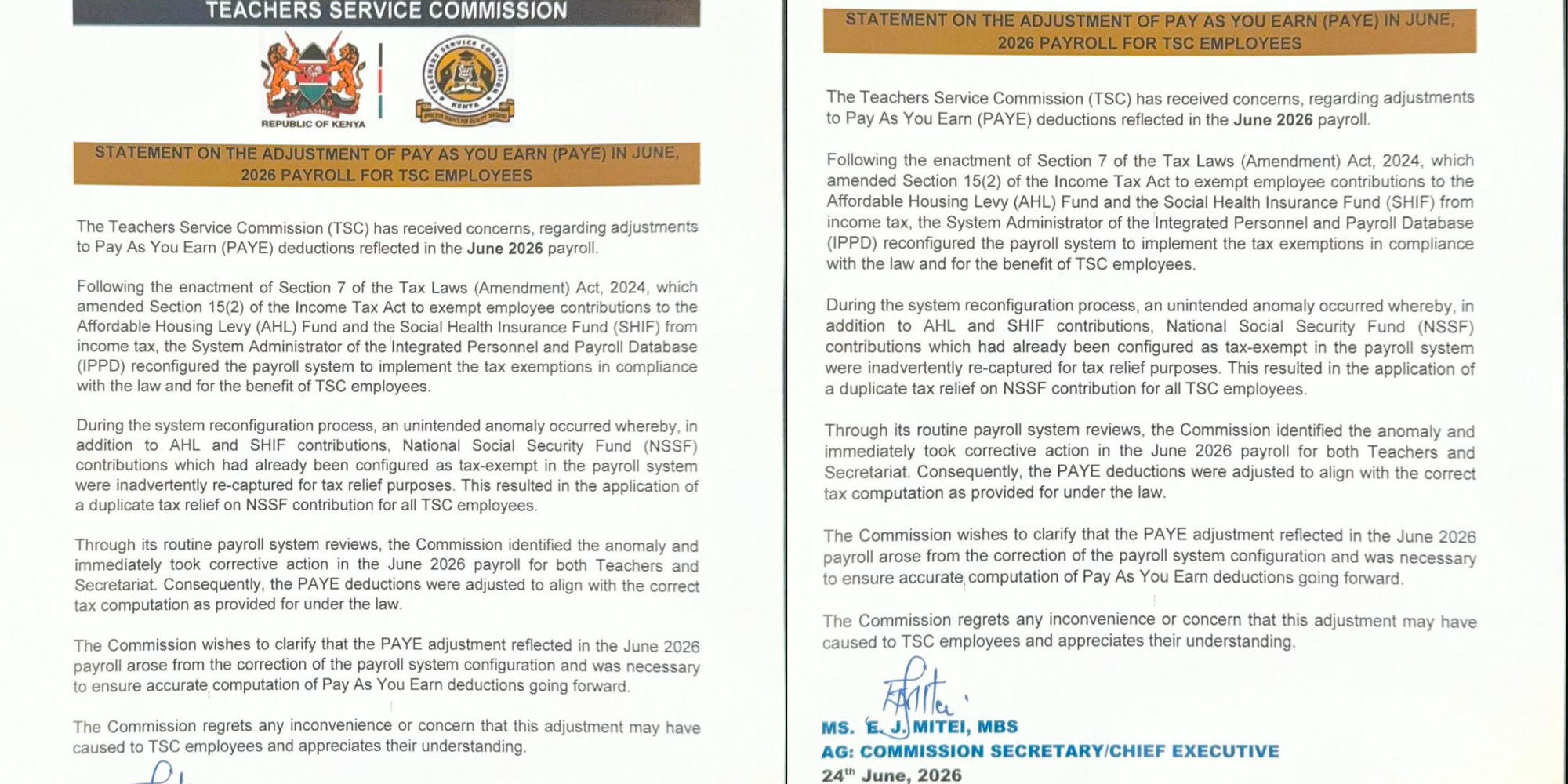 A statement issued by TSC on June 24, 2026 explains the payroll error behind June PAYE adjustments for teachers. PHOTO/ TSC