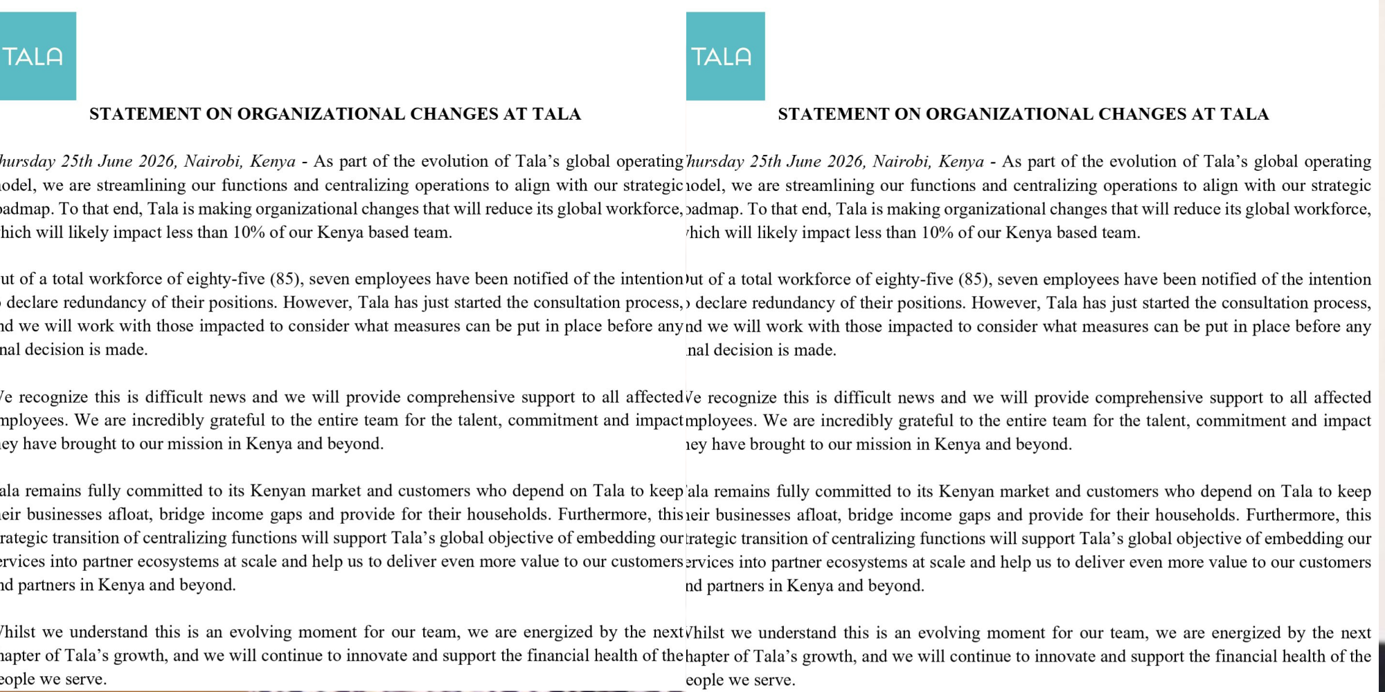 A statement issued by Tala on June 25, 2026, announced organizational changes in Kenya as it streamlines global operations, with seven roles affected under ongoing consultation. PHOTO/ Mwango Capital X