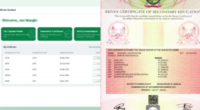 KNEC opens an online portal for KCSE certificates from 1994 to 2025. Candidates can access results using index number after paying KSh 1,300 fee.