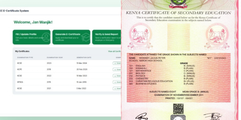 KNEC opens an online portal for KCSE certificates from 1994 to 2025. Candidates can access results using index number after paying KSh 1,300 fee.