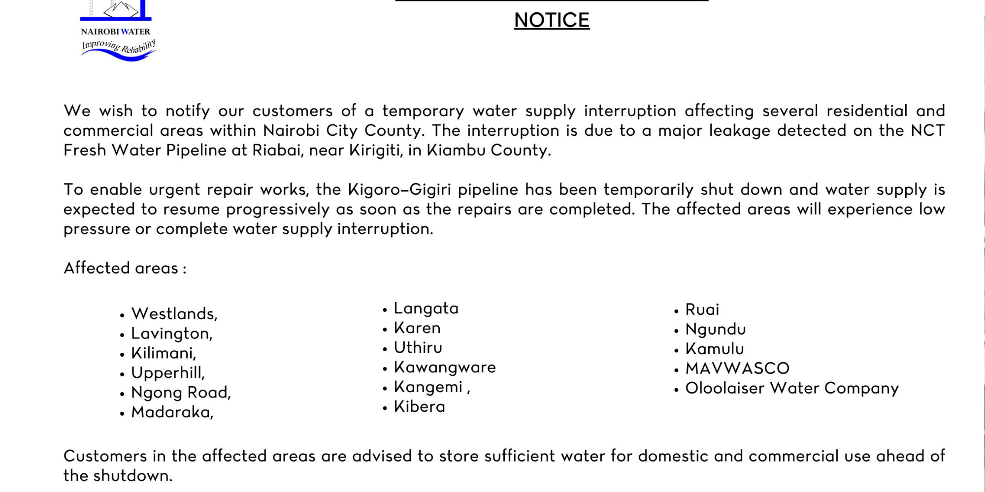Nairobi Water announces major supply disruption across city areas due to pipeline leakage