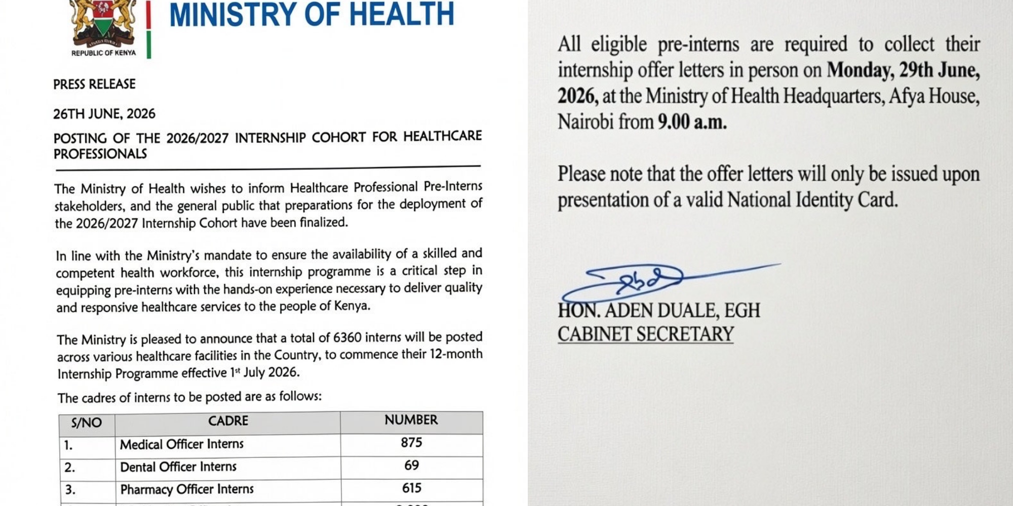 MoH releases 6,360 internship slots for 2026, with nationwide deployment set for July to boost Kenya’s healthcare workforce capacity. PHOTO/ MoH