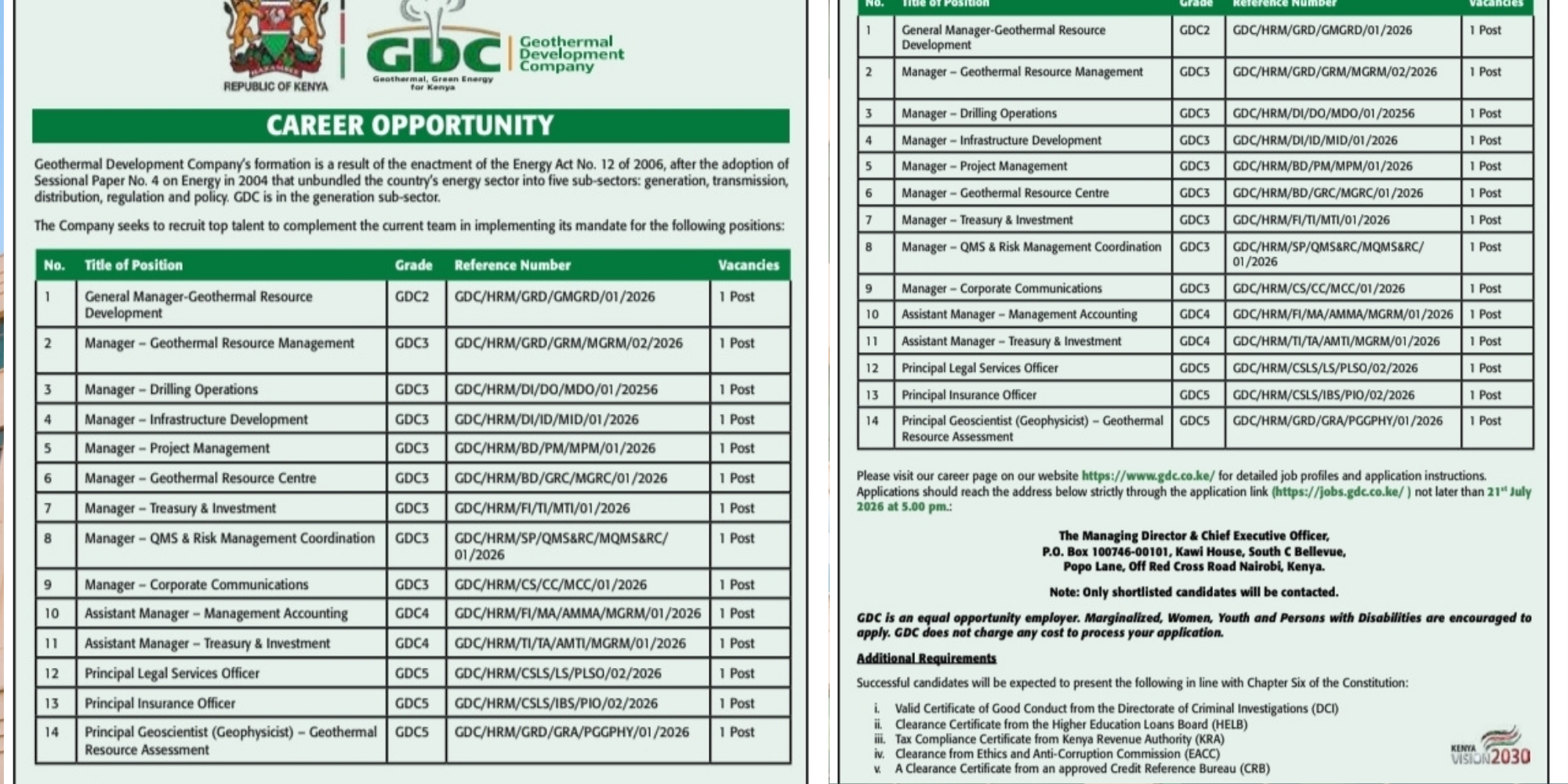A Geothermal Development Company (GDC) notice announcing career opportunities, outlining available positions, requirements, and application details. PHOTO/ MyGov