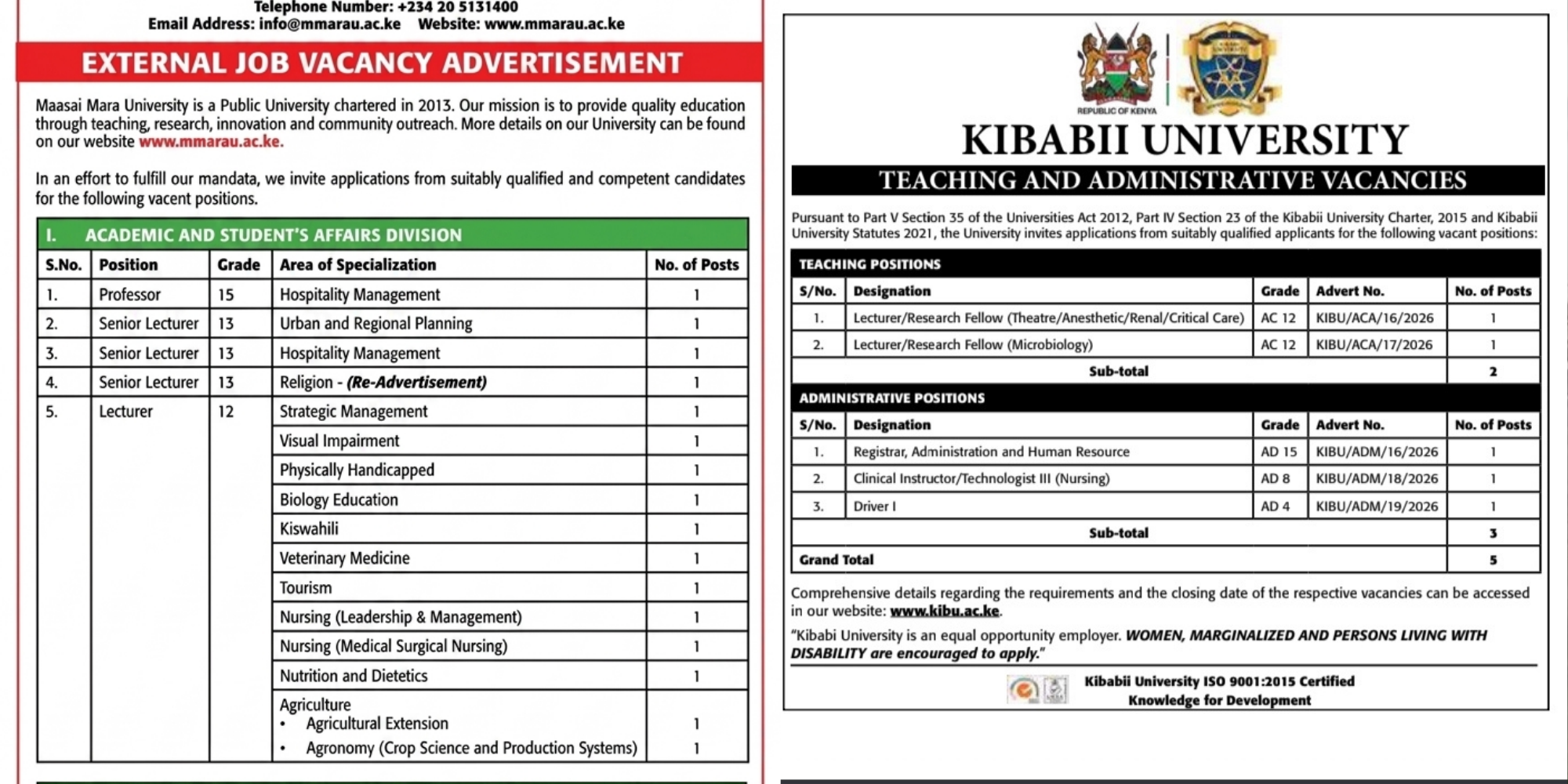 Maasai Mara and Kibabii universities advertise academic and administrative job openings with July13 and 14, 2026 application deadlines. PHOTO/ MyGov