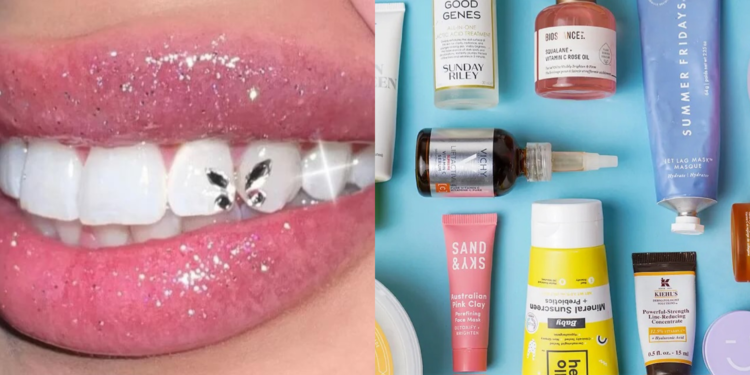 A collage of a picture showing a tooth gem and skincare productsPHOTO/COURTESY