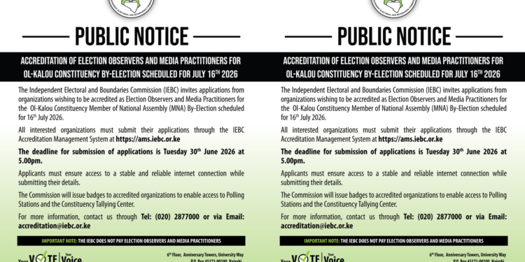 A screenshot of IEBC notice on Ol-Kalou By-Election Accreditation for Observers and Media. Photo/ IEBC