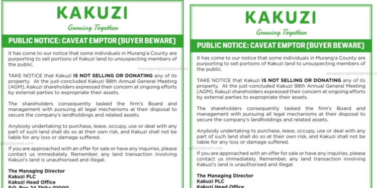 Kakuzi Warns Public Over Fake Land Sales in Murang’a County.Photo/ file