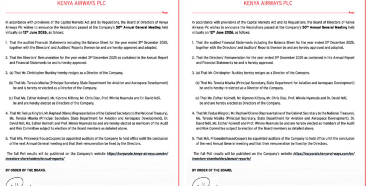 Kenya Airways Director Christopher Buckley Resigns As Shareholders Approve Board Changes. Photo/ NSE