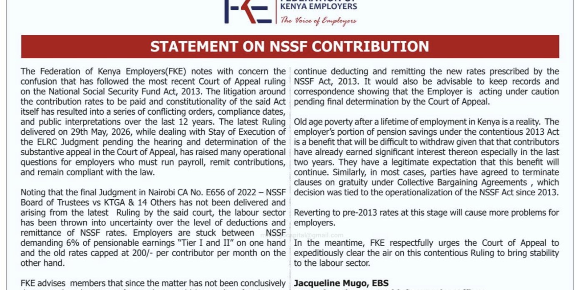 FKE Warns Against Reverting to Old NSSF Limit. Photo/ file