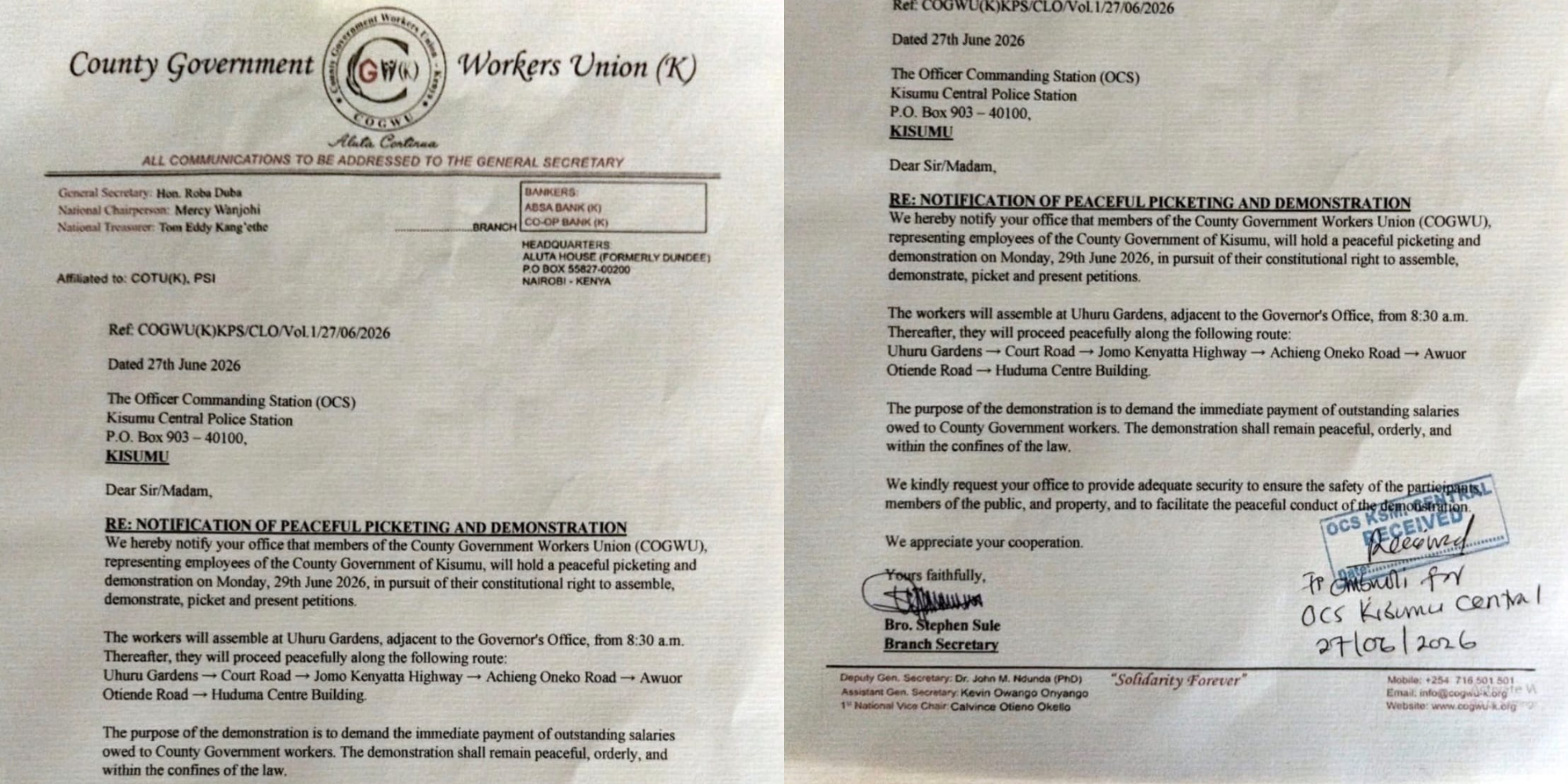 COGWU Members to March Over Delayed Salary Payments. Photo/ Okiya Omtatah