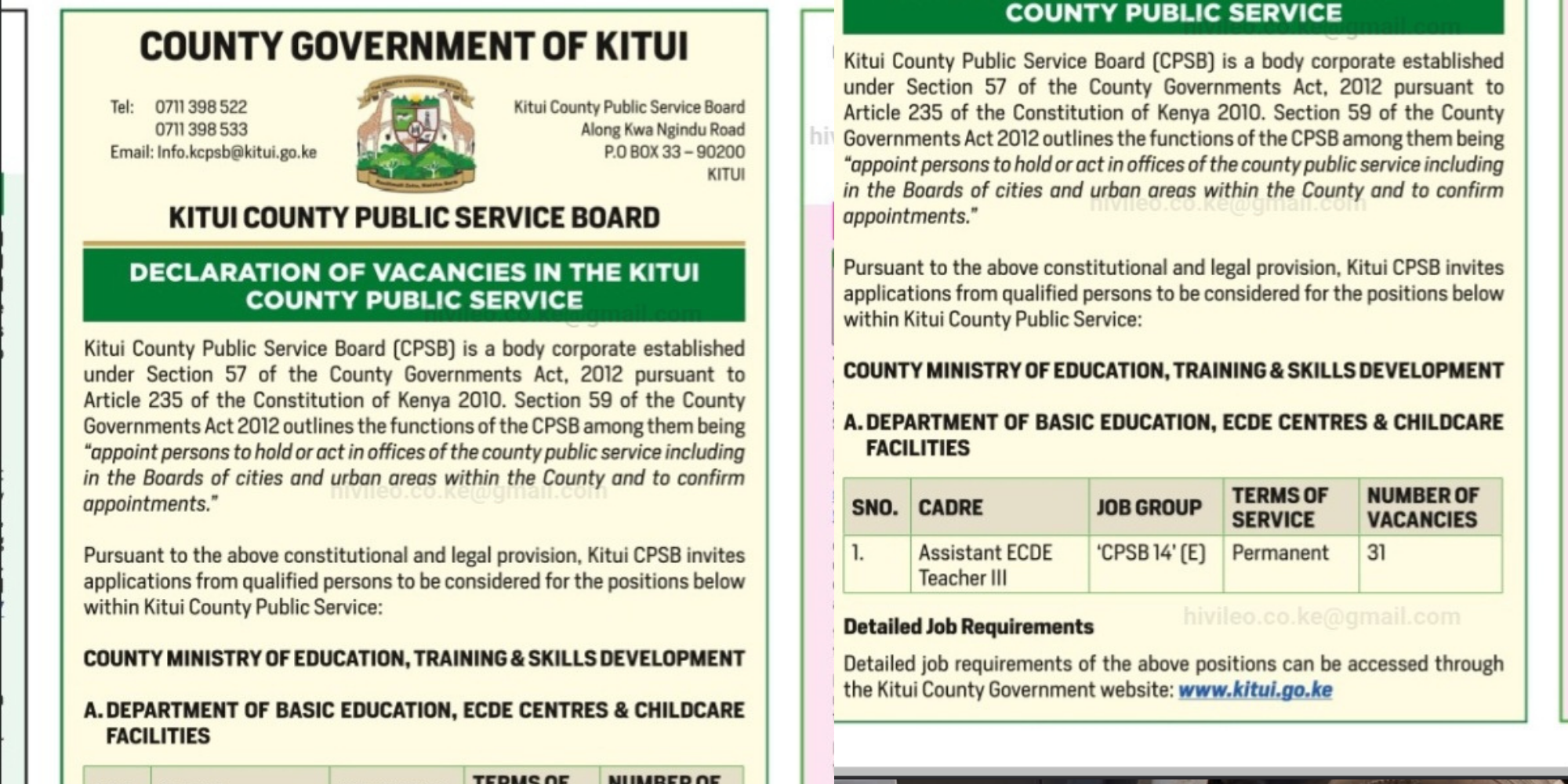 Kitui County Public Service Board announces 31 permanent ECDE teaching vacancies under the Ministry of Education, with positions for Assistant ECDE Teacher III in basic education and childcare centres. PHOTO/ Daily Nation