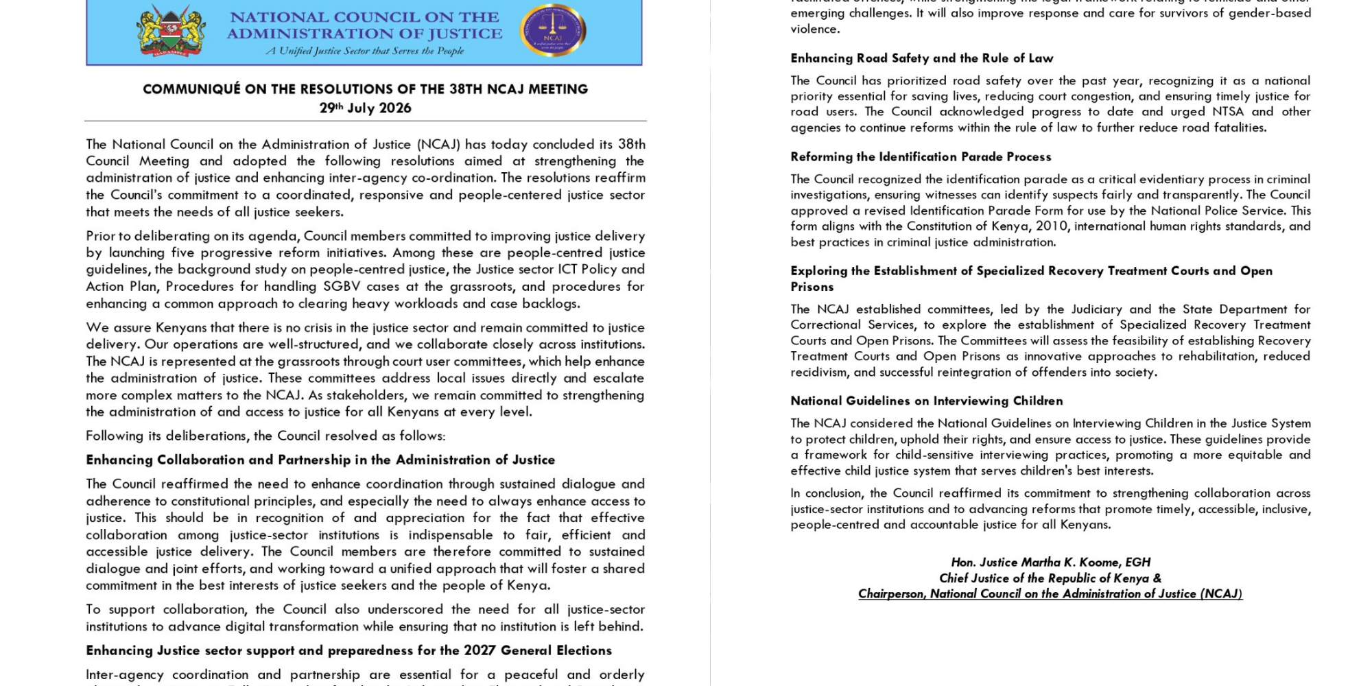 CJ Koome issues new justice reforms after the closure of the 38th NCAJ meeting, with measures targeting coordination, elections, digital transformation, and access to justice