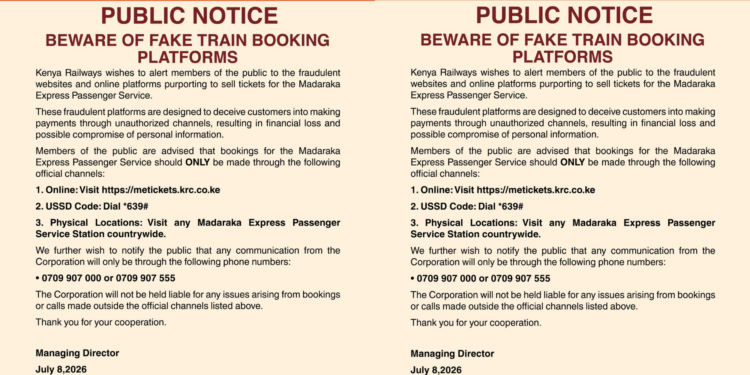 Kenya Railways Warns Public Against Fake Madaraka Express Ticket Booking Platforms