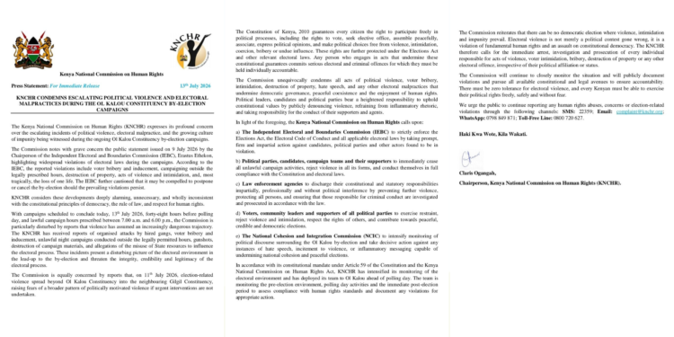 KNCHR Calls Out Electoral Malpractices Ahead of Ol Kalou By-Election