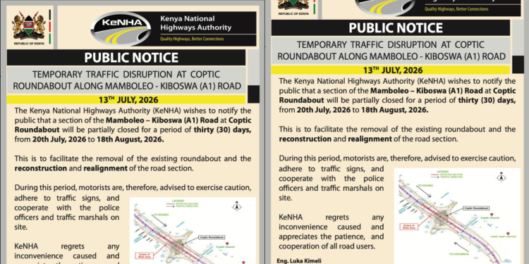 KeNHA Announces 30-Day Coptic Roundabout Closure