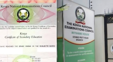 A collage photo of KCSE certificate and KNEC office. Photo / File