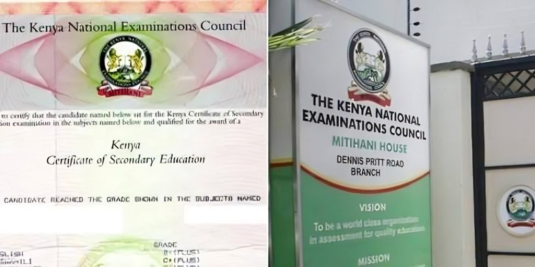A collage photo of KCSE certificate and KNEC office. Photo / File