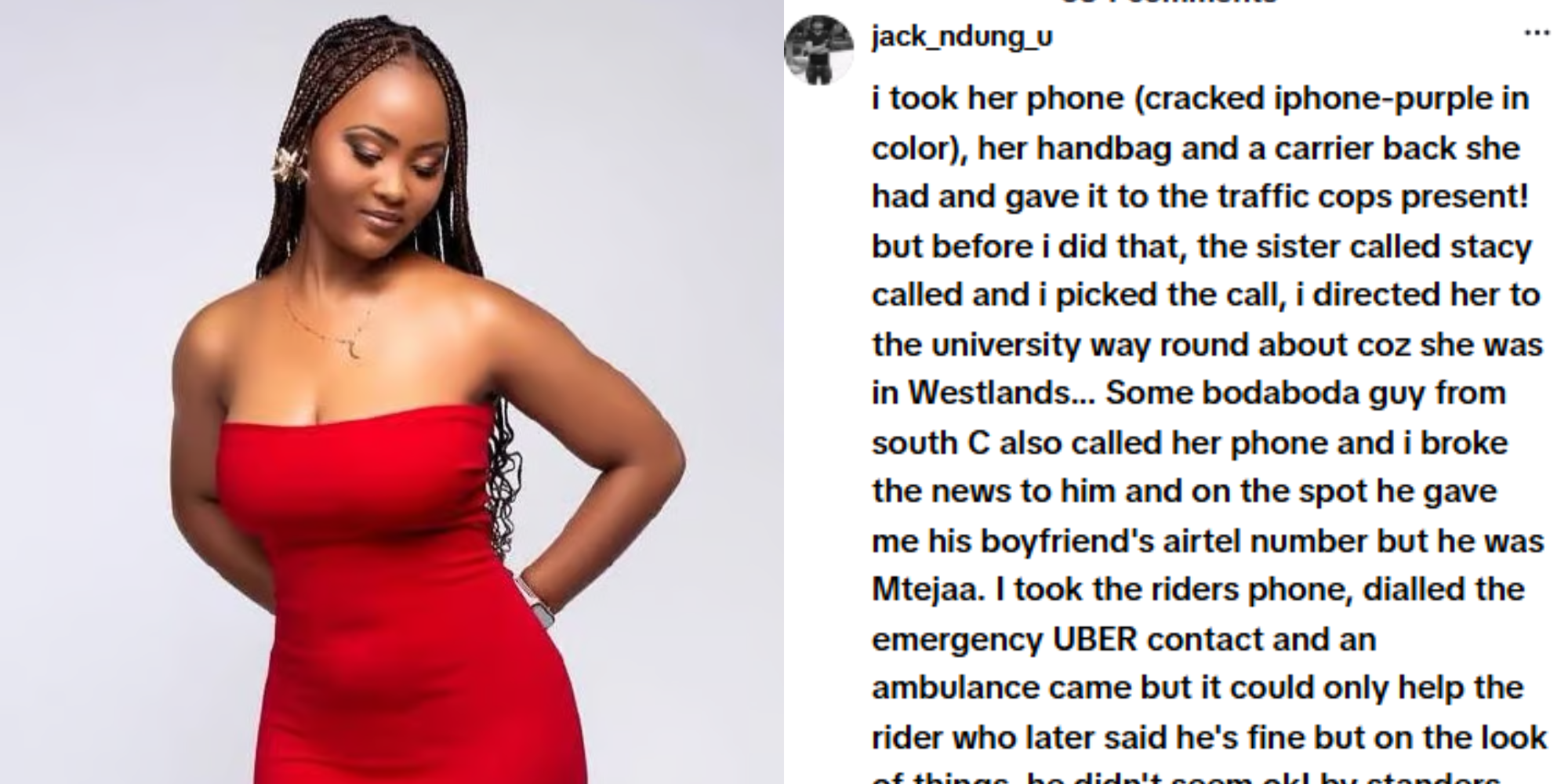 A collage photo of Rose Mbugua and the eye witness comment. . Photo/ File