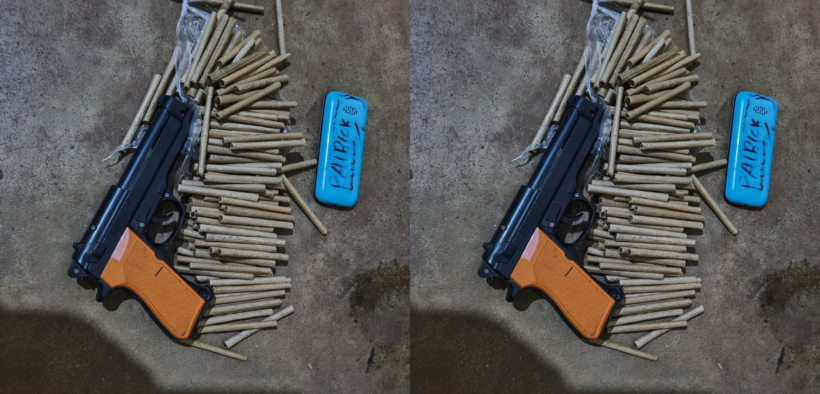 A mobile phone, a toy pistol and roll of cannabis sativa recovered by police PHOTO/NPS