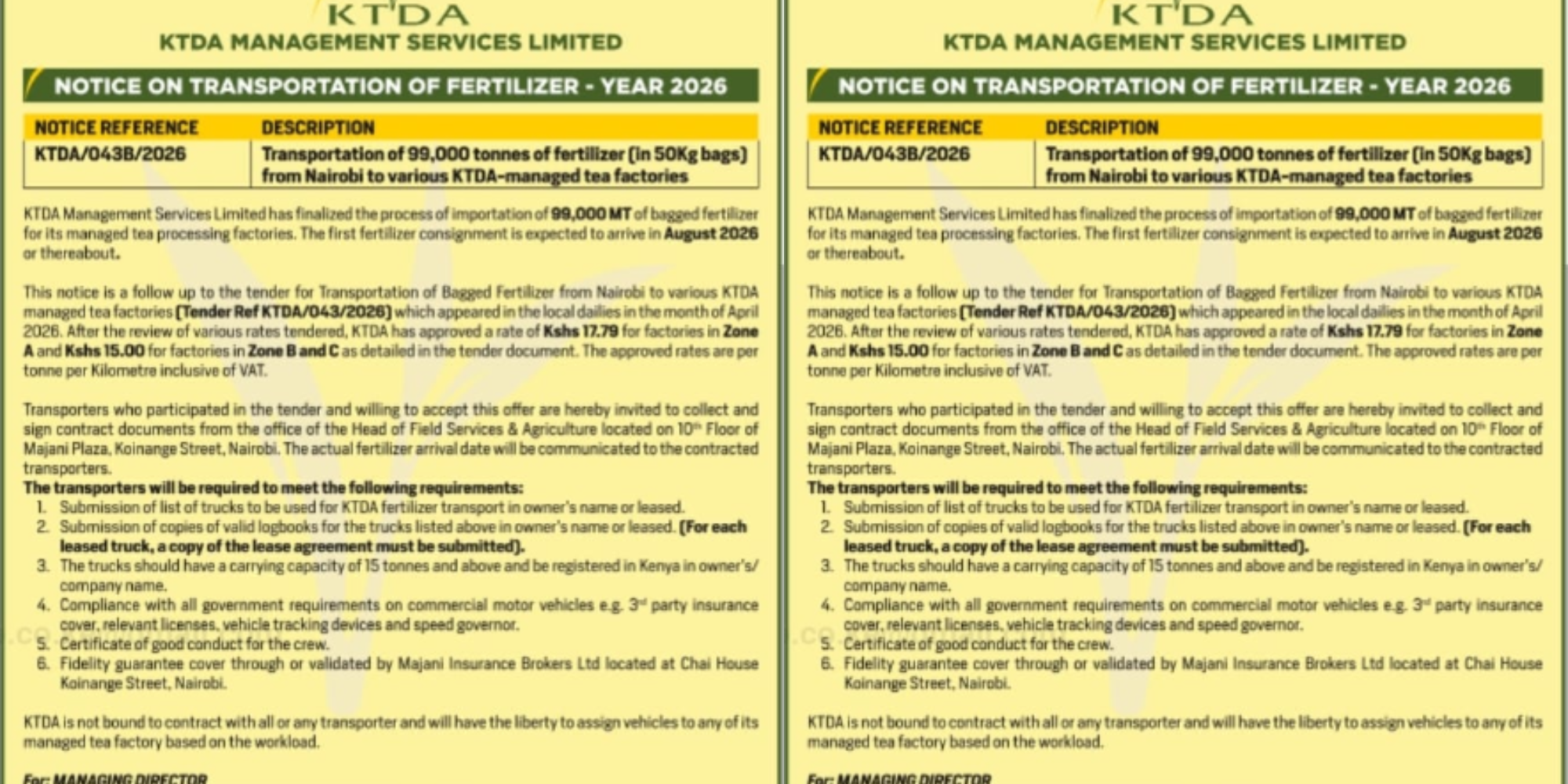 A notice of KTDA on the transportation and call for transporters to sign contract on distribution. Photo / File