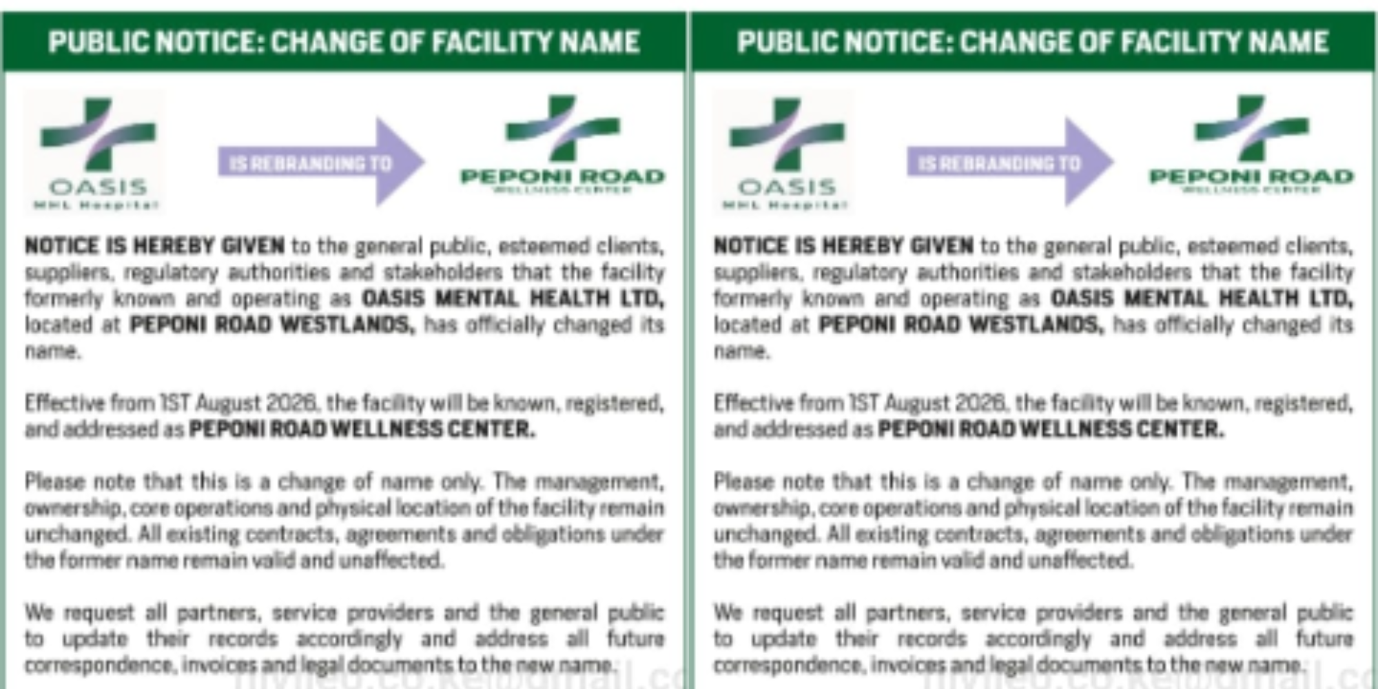 A notice of Oasis Mental health on facility name changing. Photo/ File