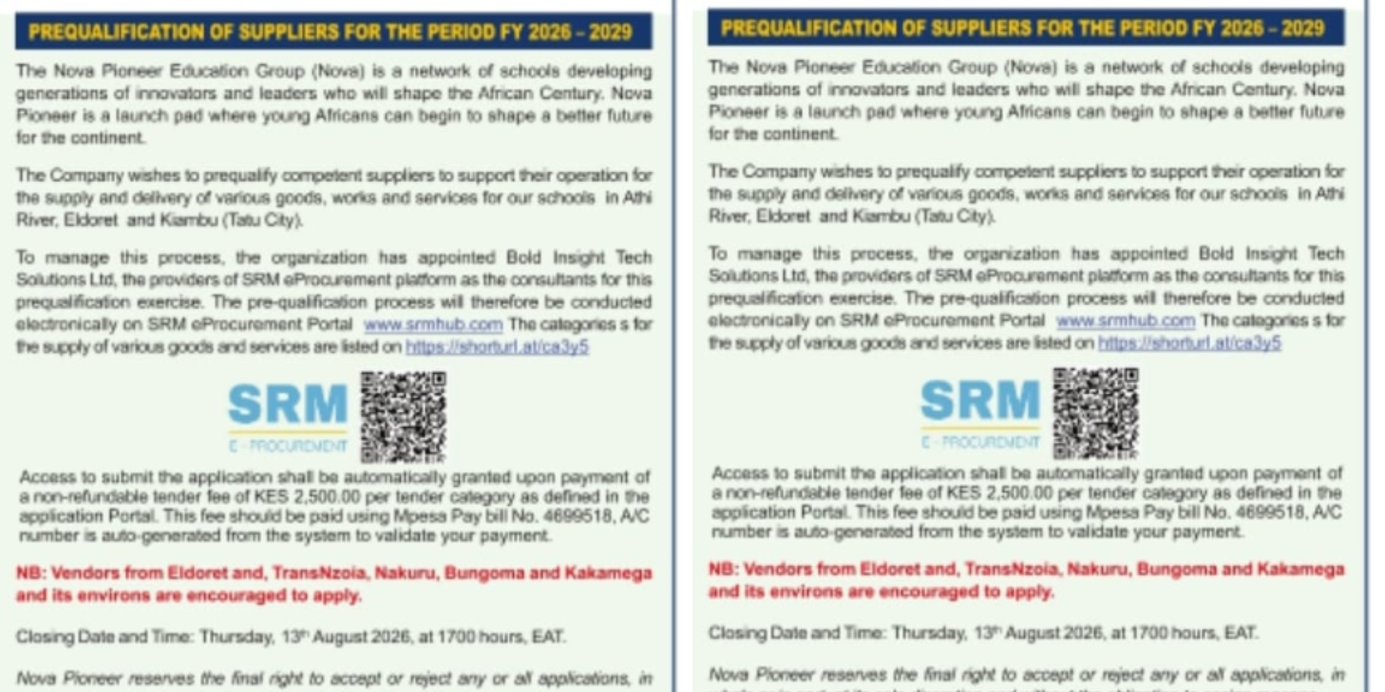 A notice showing the Nova Pioneer prequalification for businesses to register. Photo/ File
