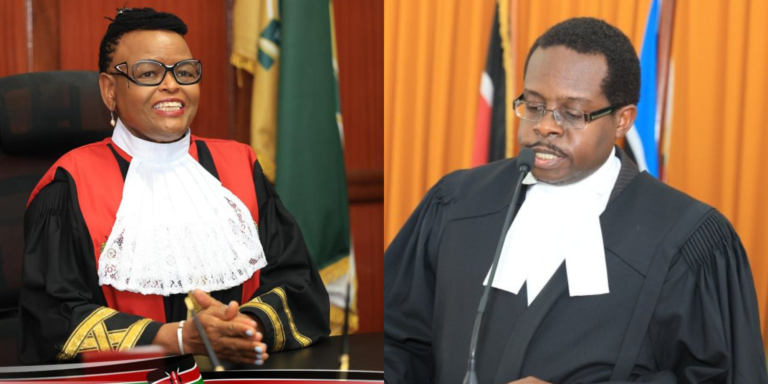 A photo collage of CJ Martha Koome and LSK President Charles Kanjama