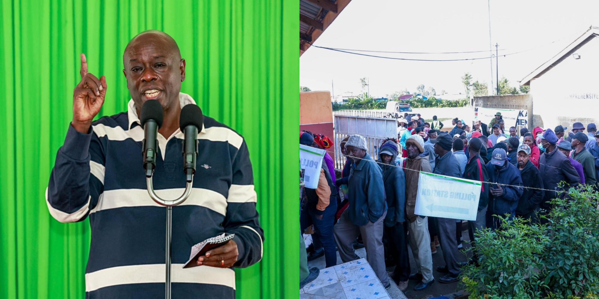 A photo collage of DCP Party leader Rigathi Gachagua and voters queuing to cast their ballots in the Ol Kalou by-election.