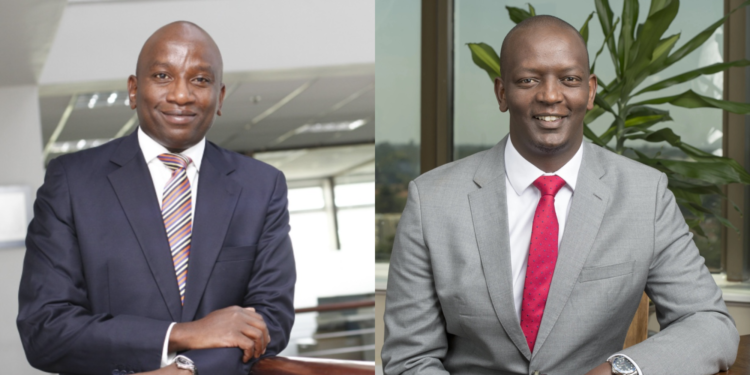 A photo of Chief Executive for Personal and Private Banking at Absa Group,Sitoyo Lopokoiyit (right) and Chief Executive Officer at Stanbic Bank Kenya, Michael Mutiga (left). Photo/Coutesy