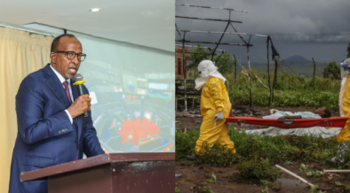 A photo collage of Health Cabinet Secretary Aden Duale and medical personnel wearing personal protective equipment (PPE) carrying a patient on a stretcher at a hospital in Rwampara on May 21, 2026. PHOTO/Aden Duale X/Seros Muyisa/AFP