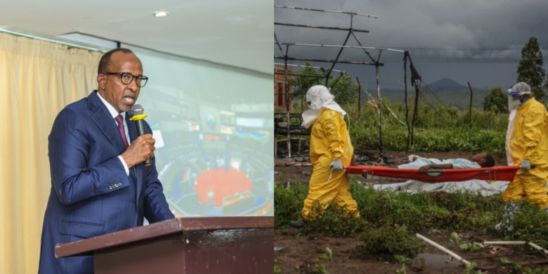 A photo collage of Health Cabinet Secretary Aden Duale and medical personnel wearing personal protective equipment (PPE) carrying a patient on a stretcher at a hospital in Rwampara on May 21, 2026. PHOTO/Aden Duale X/Seros Muyisa/AFP