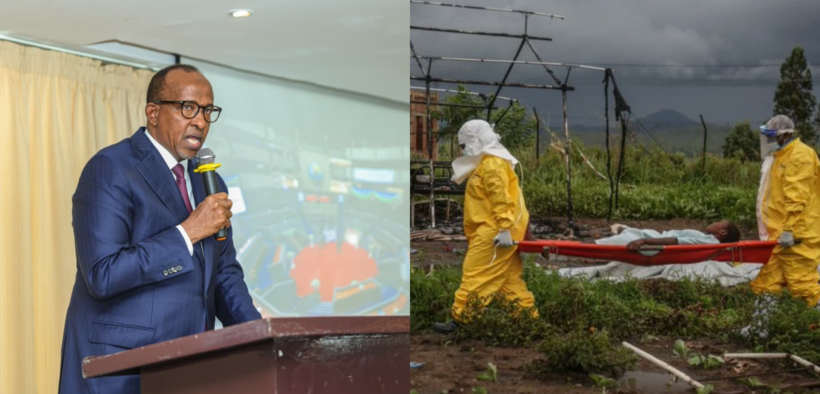A photo collage of Health Cabinet Secretary Aden Duale and medical personnel wearing personal protective equipment (PPE) carrying a patient on a stretcher at a hospital in Rwampara on May 21, 2026. PHOTO/Aden Duale X/Seros Muyisa/AFP