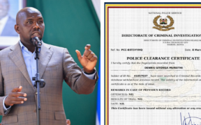 A photo collage of Interior CS Kipchumba Murkomen and a sample of Certificate of Good Conduct. PHOTO/Courtesy.