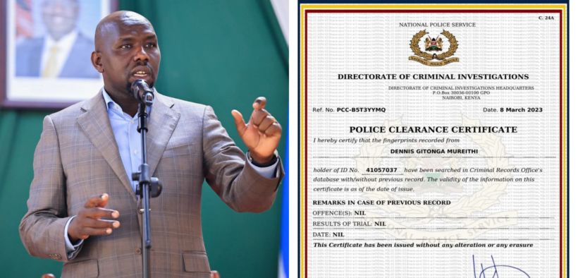 A photo collage of Interior CS Kipchumba Murkomen and a sample of Certificate of Good Conduct. PHOTO/Courtesy.