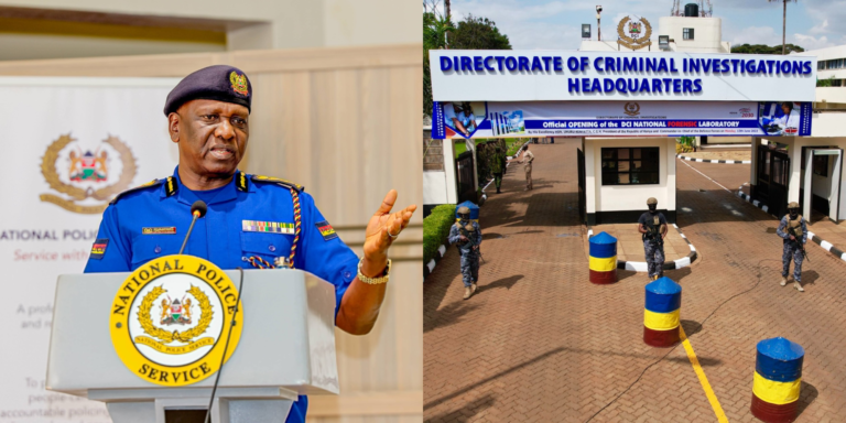 A photo collage of Police IG Douglas Kanja and DCI headquarters