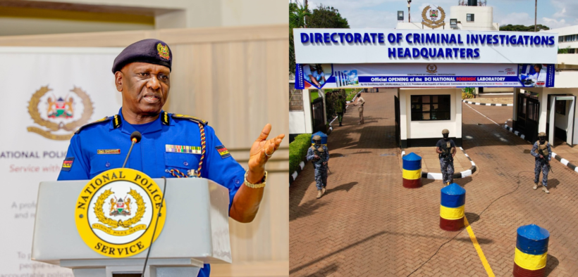 A photo collage of Police IG Douglas Kanja and DCI headquarters