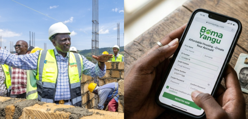 A photo collage of President William Ruto presiding over the groundbreaking ceremony for a major affordable housing project at Konza Technopolis on Monday, October 13, 2025, and the Boma Yangu platform. PHOTO/ Courtesy.